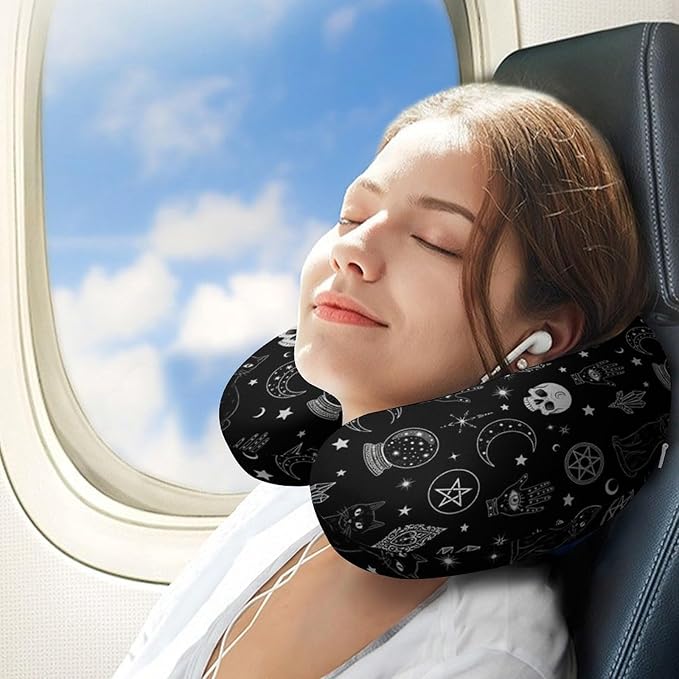 Women’s Travel Pillow U-Shaped Memory Foam Neck Rest, Skull Cat Moon Gothic Pattern Black U-Shape, Washable Airplane Car Support