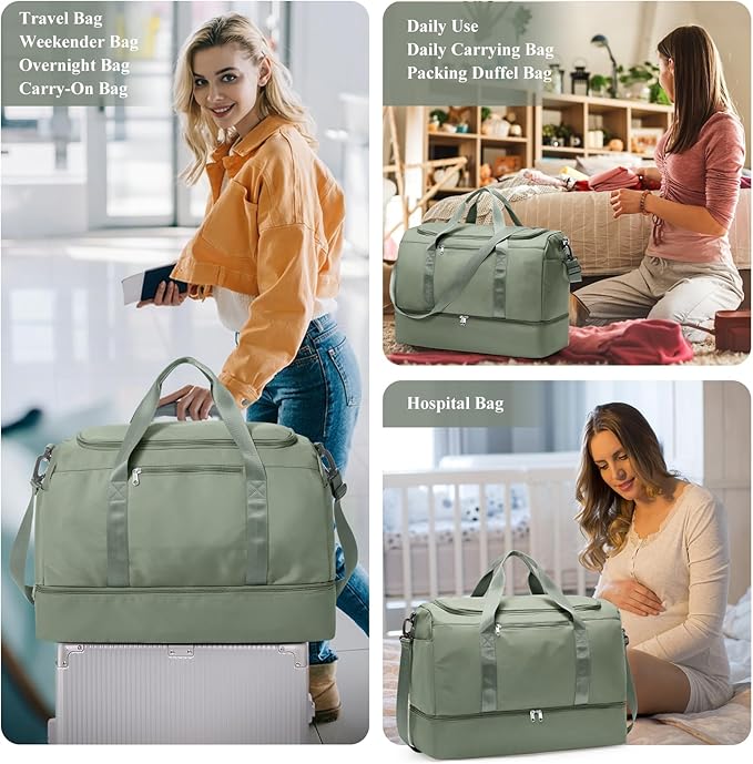 Large Travel Duffle Bag,Carry on Overnight Weekend Bag with Shoes Compartment,Weekender Bags for Women for Travel Business Trips Sport Hospital,3 Pcs Set,Olive Green