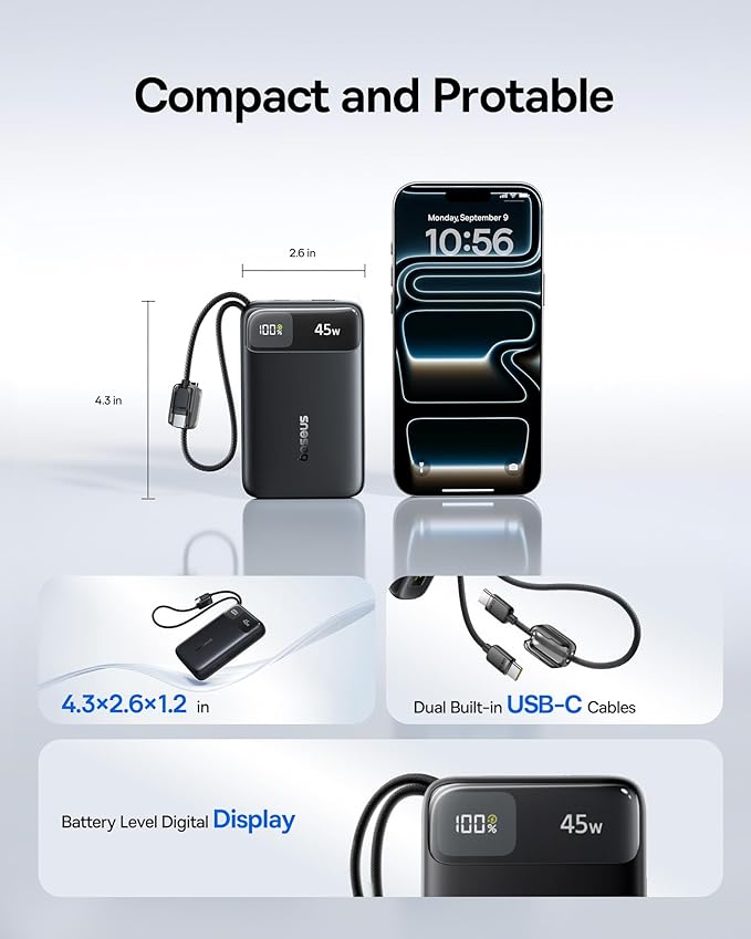 Baseus 20000mAh Compact Portable Charger 45W, CCC Certified Power Bank Built-in USB-C Cables, Travel Essential PD Fast Charging Battery Pack for iPhone 17/16 Series Galaxy S25/S24 Ultra Google iPad
