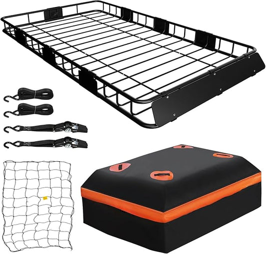 WEIZE 64" x 39" x 5" 200lb Heavy Duty Roof Rack Carrier Basket with Waterproof Bag, Cargo Net and Ratchet Straps, Universal Car Top Luggage Holder for SUV, Truck