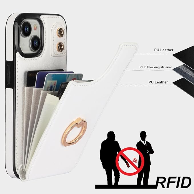 Folosu Compatible with iPhone 15 Case Wallet with Card Holder, 360°Rotation Finger Ring Holder Kickstand, RFID Blocking Leather Protective Double Buttons Shockproof Cover 6.1 Inch White