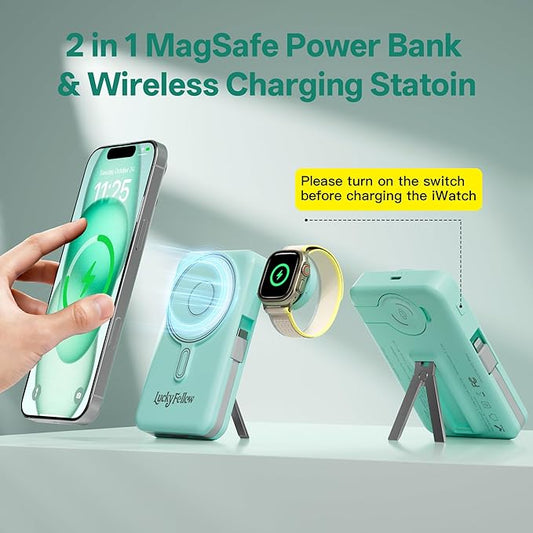 Magnetic Portable Charger Built-in Cables,10000mAh Fast Charging Wireless Charger Station External Battery Pack Slim Pocket Size Power Bank with Stand Compatible with iWatch, iPhone and Android Phones