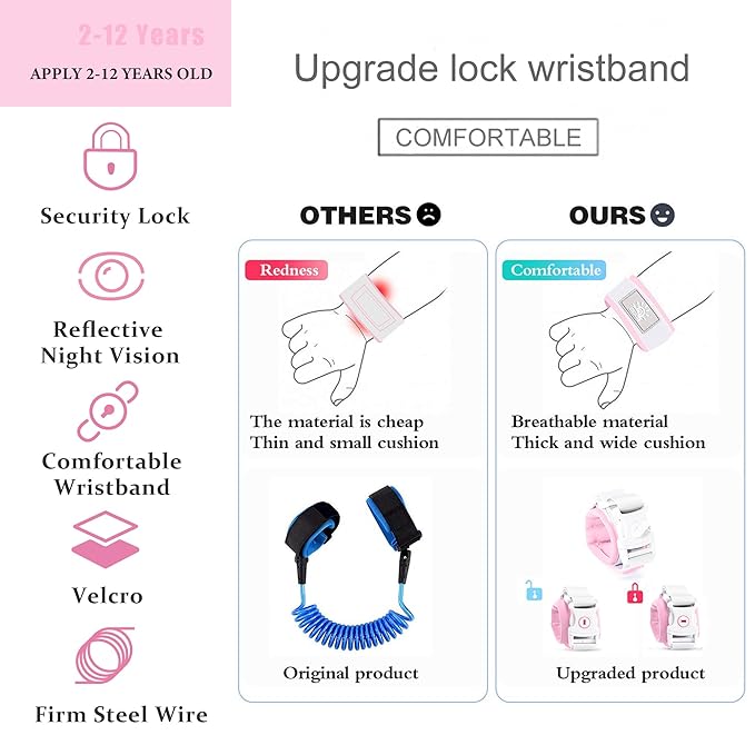 Toddler Harness Walking Leash- Child Anti Lost Wrist Link - Child Safety Harness - Upgrade with Reflective(6.5ft) - for Boys and Girls,Not Easy to Open Without Key (Light Pink)