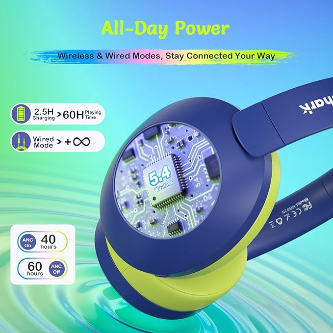 Noise Cancelling Headphones for Kids,Colorful RGB LED Lights, 60H Playtime, Bluetooth 5.4 Wireless Over-Ear Headset Built-in Microphone for Home/School/Party- Includes Portable Case (Blue)