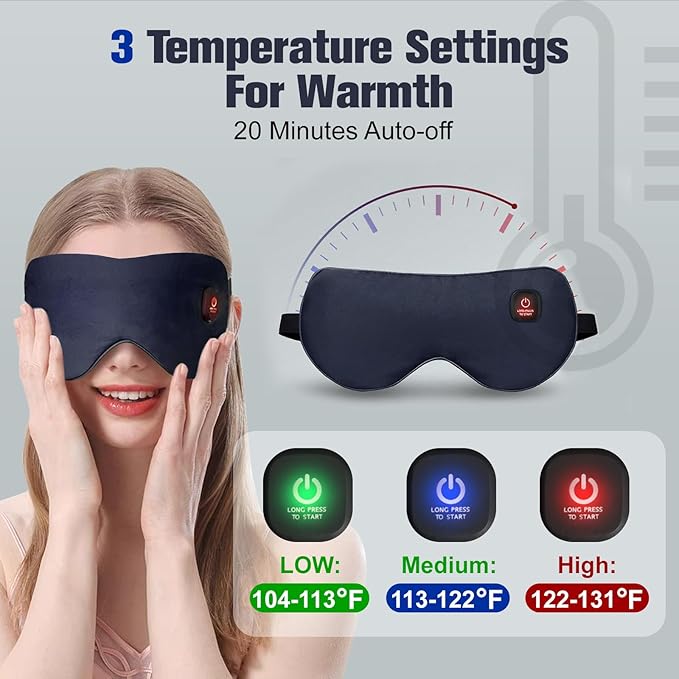 Heated Eye Mask, Rechargeable Detachable Washable Faux Silk Electric Cordless Dry Eyes Warmer Compress Graphene Sleep Mask Travel Gifts for Men Women, 3 Heat Levels & Auto-Off, Dark Blue