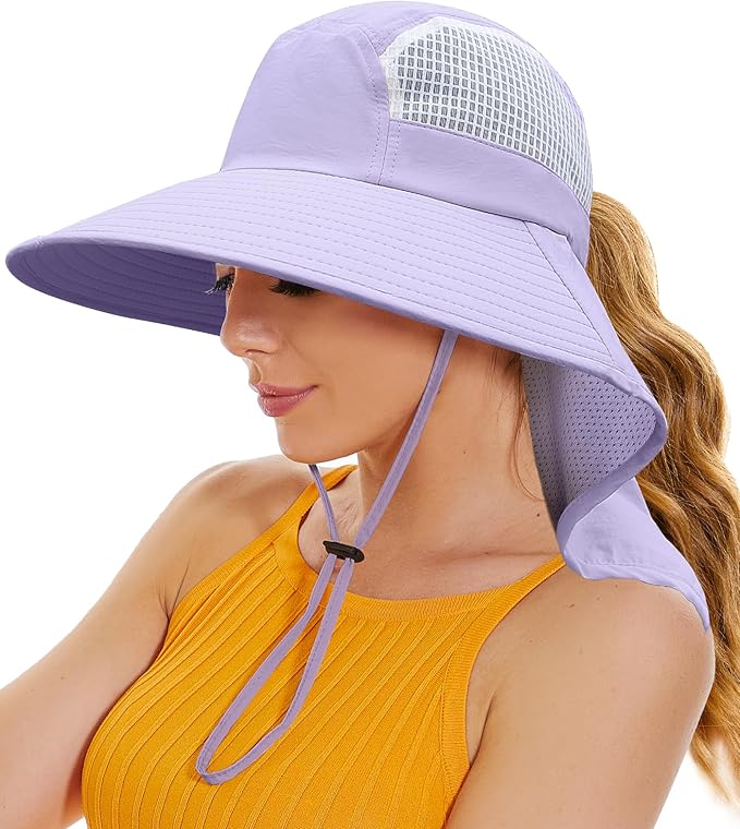 Sun Hats for Women UV Protection with Neck Flap Wide Brim Beach Hats with Ponytail Hole for Hiking Fishing Gardening Travel