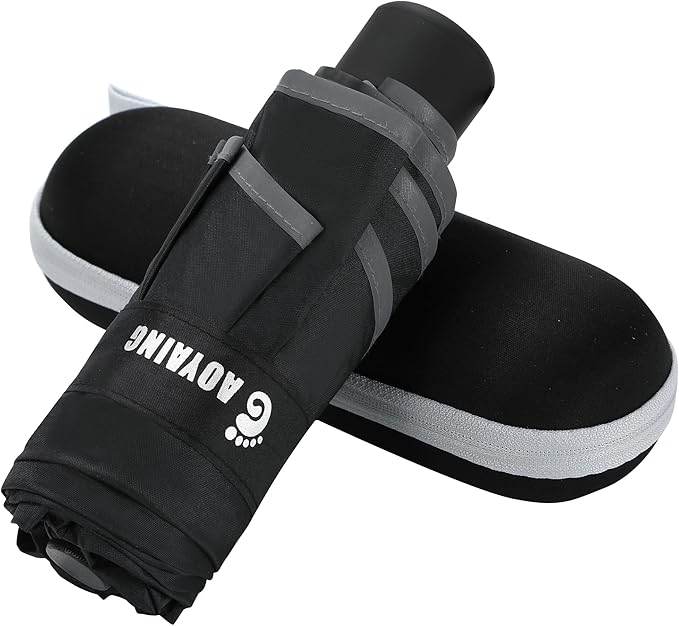 GAOYAING Mini Compact Travel Umbrella with Reflective Safety Stripes, Portable Folding Design with Case