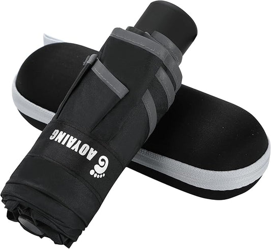 GAOYAING Mini Compact Travel Umbrella with Reflective Safety Stripes, Portable Folding Design with Case