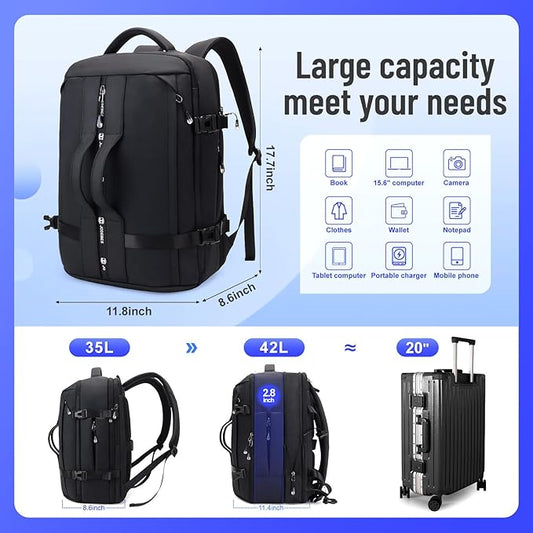 50L Carry on Travel Backpack for Men Women Airline Approved Convertible Duffle Backpack Luggage Bag,TSA Overnight Bags,fits 17" Laptop Smart Backpack-Black