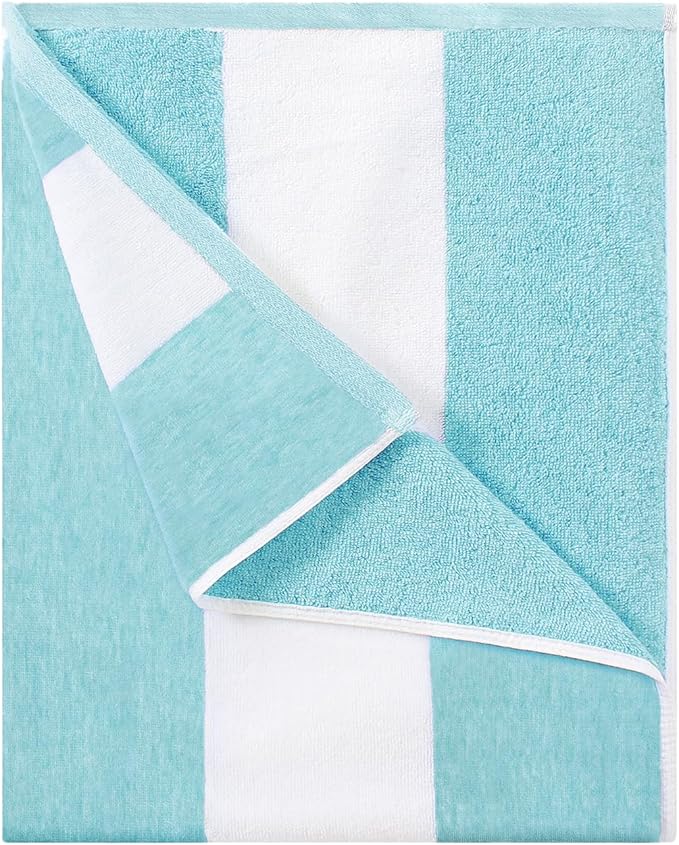 Cotton Oversized Beach Towel - Large 70 x 35 Inch Pool Towel, Turquoise Striped Quick Dry Swimming Cabana Towel