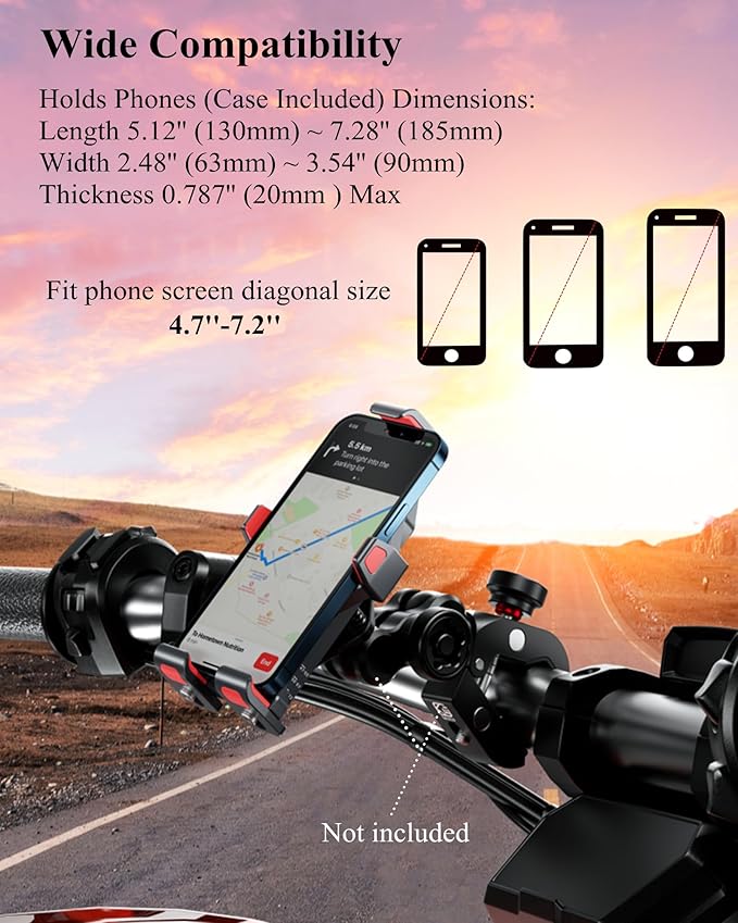 BRCOVAN 1'' Ball Aluminum Alloy Phone Mount Holder with Vibration Dampener, for Motorcycle ATV UTV Car Bike Boat Truck Scooter Fit for RAM Mounts B Size 1'' Ball Double Socket Arm, for 4.7-7.2'' Phone