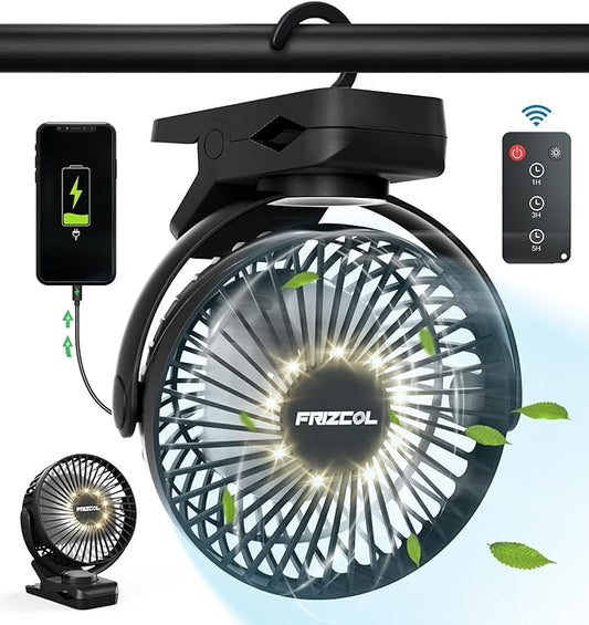 Portable Clip on Fan 65 Working Hours, Camping Fans with LED Lights & Hook, 12000 Capacity Battery Operated Fan with Clamp, USB Rechargeable for Desk, Tent, Treadmill, Stroller, Golf Cart, Home