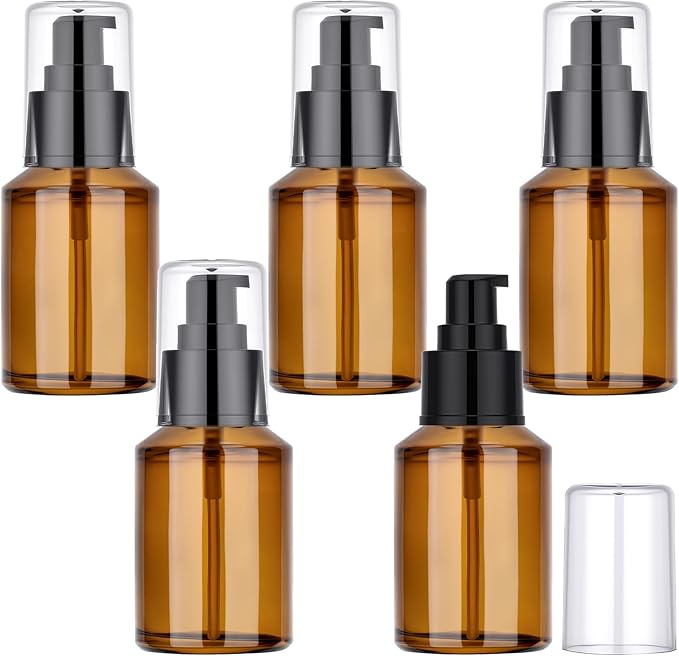 Segbeauty 2oz Refillable Glass Travel Size Empty Bottles, 5pcs Amber Lotion Pump Bottles Empty, 60ml Mini Travel Lotion Container, Small Cosmetic Container Bottle Pump Dispener for Creams Oils Liquids