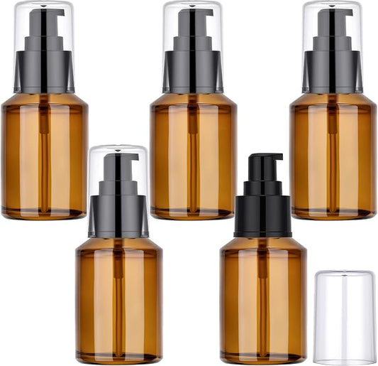 Segbeauty 2oz Refillable Glass Travel Size Empty Bottles, 5pcs Amber Lotion Pump Bottles Empty, 60ml Mini Travel Lotion Container, Small Cosmetic Container Bottle Pump Dispener for Creams Oils Liquids