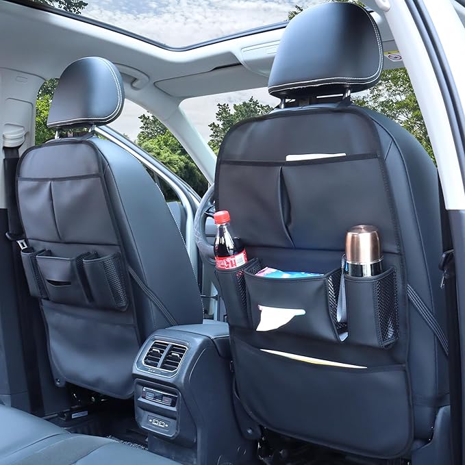 Car Backseat Organizer for Kids, Car Back Seat Storage Bag With 3 Pockets, 2 Drinks Holders, Water Resistant, Kids Toy Storage Kick Mat Back Seat Protector for Toddlers (Black 1-Pack)