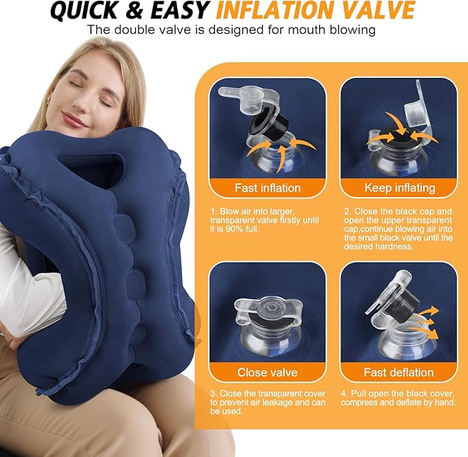 Inflatable Travel Pillow,Multifunction Travel Neck Pillow for Airplane to Avoid Neck and Shoulder Pain,Support Head,Neck,Used for Sleeping Rest, Airplane and Home Use,with Eye Mask, Earplugs,Blue