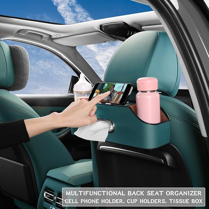 HOLDCY Car Back Seat Organizer with 2 Drink Cup Holder - Tissue Box and Storage Box Hook - Multi-functional Storage - Great for Kids and Travel (Blue)
