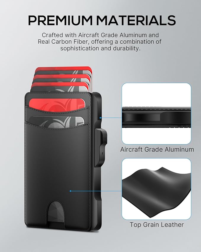 Minimalist Mens Wallet Card Holder: Pop Up Card Case, Genuine Leather, Smart, RFID Blocking, Slim, Thin, Front Pocket, Gift Box - 9-12 Card Capacitiy, Cash Pocket (Black)