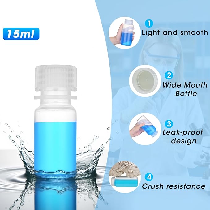 0.5oz/15ml Plastic Sample Bottles with caps, Wide Mouth Reagent Bottle with Lids Leak Proof Containers Water Sample Bottles for Laboratories, Travel(10Pcs)