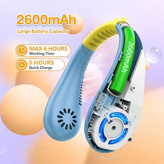 Kids Neck Fan, Portable Bladeless Fans for Kid 4-14Y Girls & Boys, 2600mAh USB Personal Mini Cooling Fan for Travel/Camping/Study, 4 Speeds, Lightweight, Compact, Perfect Summer Gifts for Kids