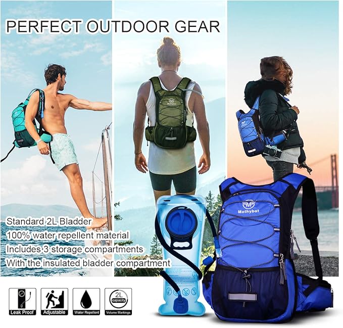 Mothybot Insulated Hydration Backpack Pack with 3L BPA Free Leak Proof Water Bladder, Large Storage Lightweight Hiking Daypack with Waist Pouches & Cooler Layer, for Running, Biking, Camping, Festival
