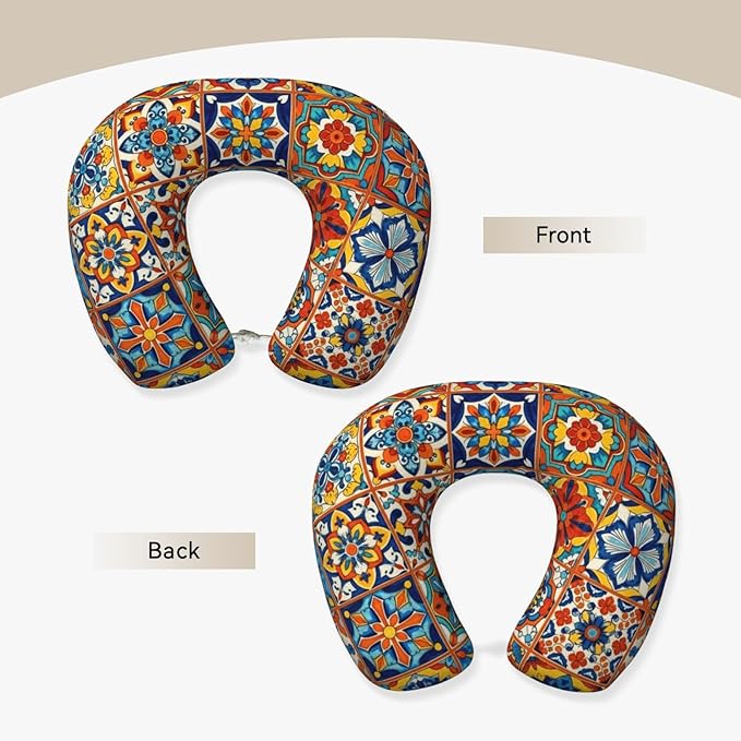 Neck Pillow Memory Foam Chin Cushion with Breathable Cover Talavera Mexican Tiles, Cute Airplane Car Pillows for Office Head Pain Relief