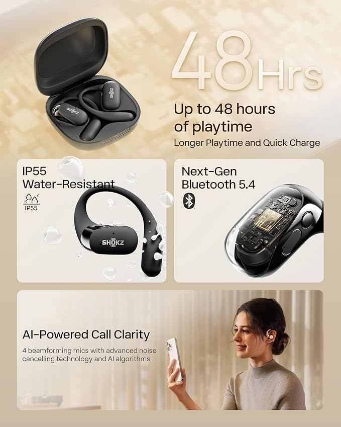 SHOKZ OpenFit 2 Open-Ear Headphones,True Wireless Bluetooth Earphones with Microphone,Earhook Earbuds with 48 Hours of Playtime,Fast Charging,IP55 Water-Resistant,with Carrying Bag,Black,Bluetooth5.4