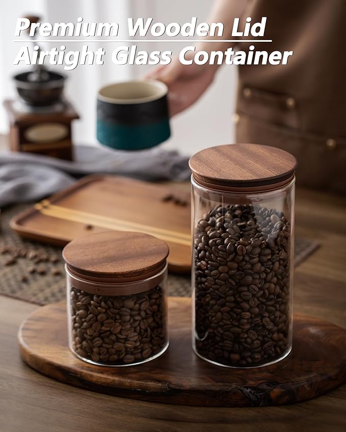 BOILMERIT 17 oz Coffee Canister with Scoop and Wooden Lids, Airtight Glass Coffee Beans Storage Container Sets of 2 for Ground Coffee,Food Storge Jars for Ground Coffee Bar Cereal Snack
