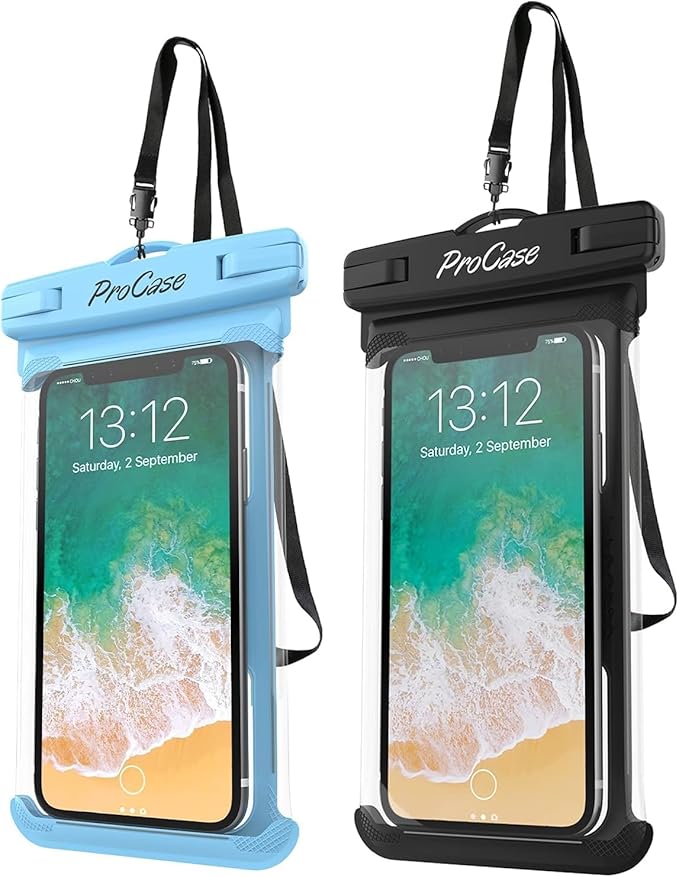 ProCase 2 Pack Waterproof Phone Pouch, Underwater Phone Case Up to 7", Dry Bag for iPhone 17 Air 16 15 14 13 Pro Plus Max, Galaxy S24 S23 S22 Ultra Pixel, Beach Essentials -Blue & Black