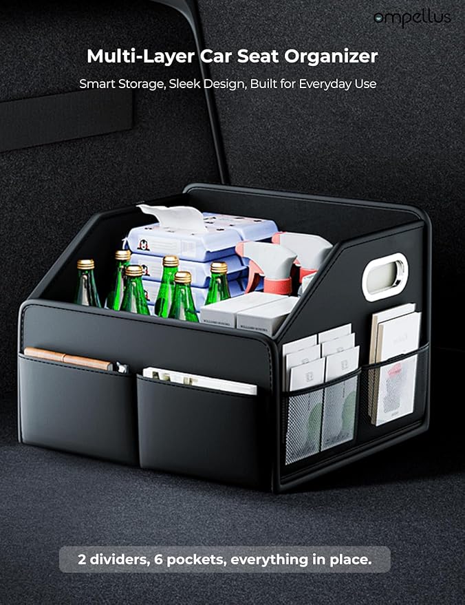 Car Seat Organizer, Collapsible Car Storage Organizer for Back Seat, Trunk Organzier with Metal Handles & Seat-belt Fixing Strap, Black