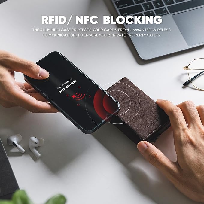 VULKIT Pop up Wallet Minimalist Cash Wallets RFID Blocking Leather Smart Credit Card Holder with Magnetic Closure for Men