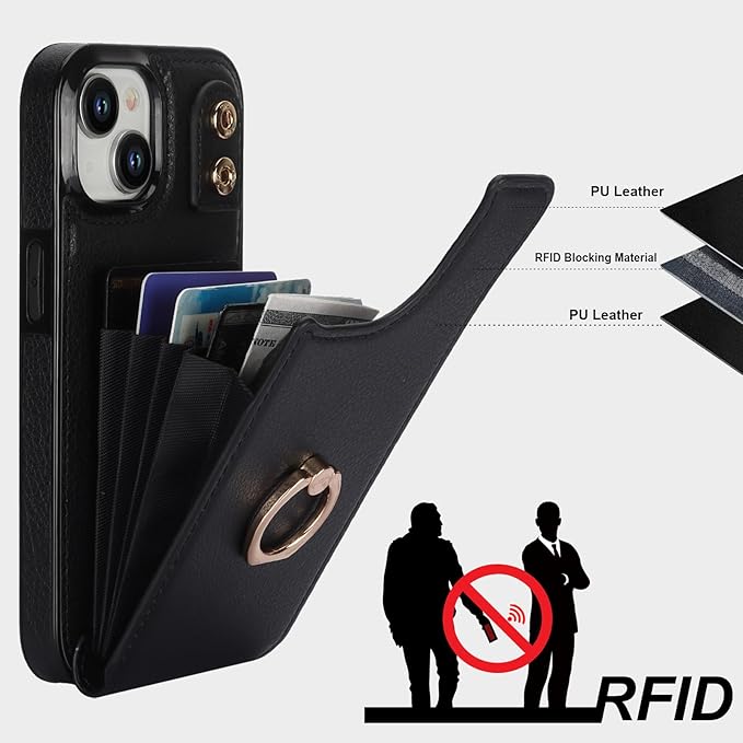 Folosu Compatible with iPhone 15 Case Wallet with Card Holder, 360°Rotation Finger Ring Holder Kickstand, RFID Blocking Leather Protective Double Buttons Shockproof Cover 6.1 Inch (Black)