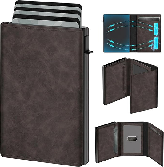 GAOCHALE Wallet for Men Pop up Card Holder, Smart, Slim, Minimalist Design for Front Pocket, Premium RFID Blocking, 10-14 Card Capacity | ID Window | Cash Slot(Gradient Dark Brown)