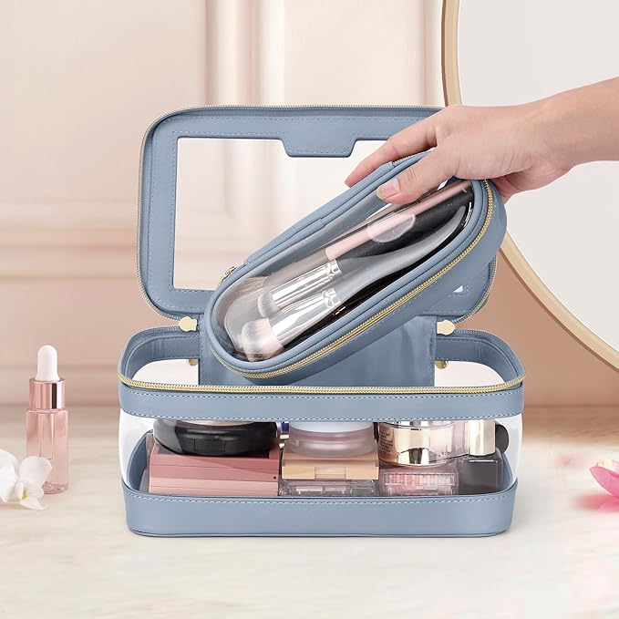Travel Clear Makeup Bag with Makeup Brush Bag, Leather Makeup Case Toiletry Bag, Portable Cosmetic Bag Case, Transparent Waterproof Cosmetic Organizer Storage Bag for Women, Blue