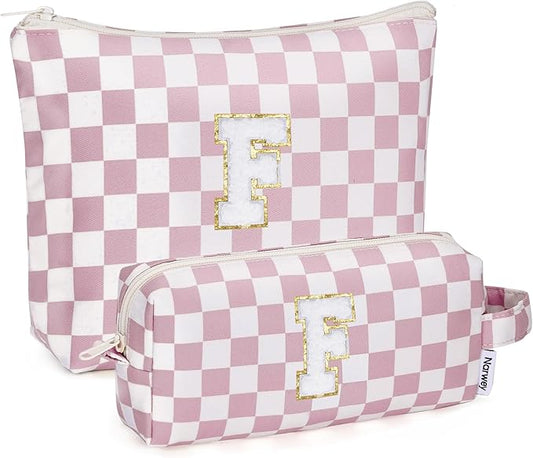 Narwey 2 Piece Personalized Initial Makeup Bag Checkered Cosmetic Bags, 6 8 10 11 12 13 14 16 18 Years Old Teen Girl Gifts Trendy Stuff Birthday Gifts for Women, Travel Toiletry Bag (Pink Letter F)