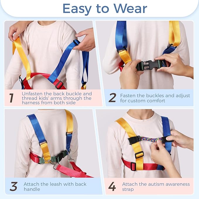 Safety Harness Leash for Big Kids with Autism and Special Needs (6-12 yrs), Child Adjustable Elopement Harness with Emergency Handle and Tether, Keep Active Autistic/ADHD Kids Safe and Free Outdoors