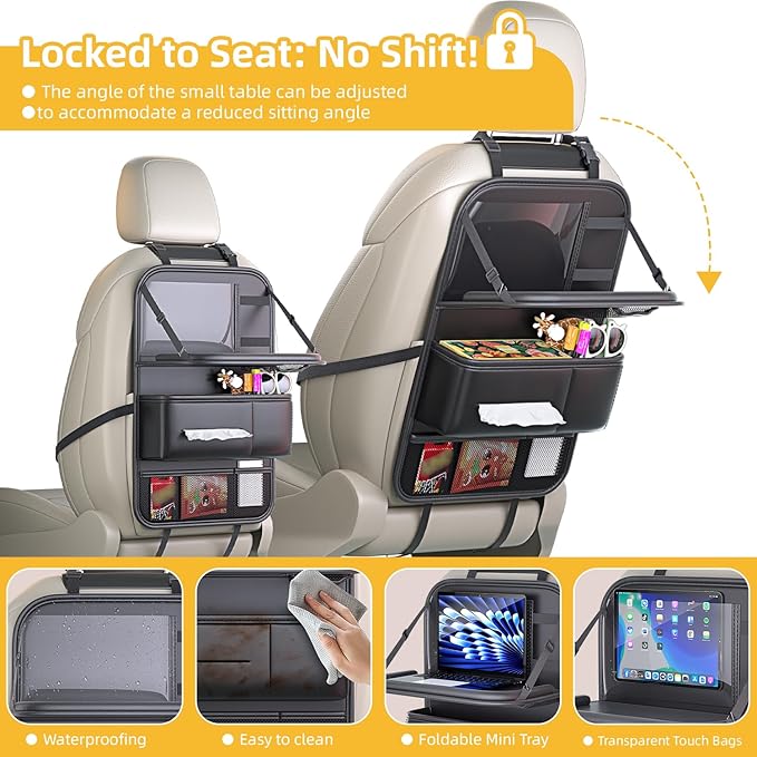 Donpeshe 2pcs Leather Foldable Backseat Organizer with Tray for Cars - Portable Kids Car Tray Table, Travel Food Desk & Waterproof Storage