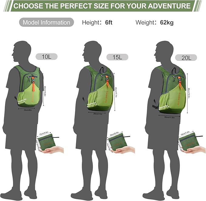 FIORETTO 20L Hiking Backpack for Women Men Mini Packable Backpack Lightweight Small Daypack for Camping Travel Outdoor, Green