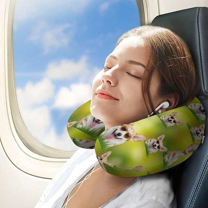 Breathable Memory Foam Travel Pillow U Shaped Chin Head Support Sunglasses Welsh Corgi Puppy, Removable Washable Cover for Airplane Car Office Pain Relief