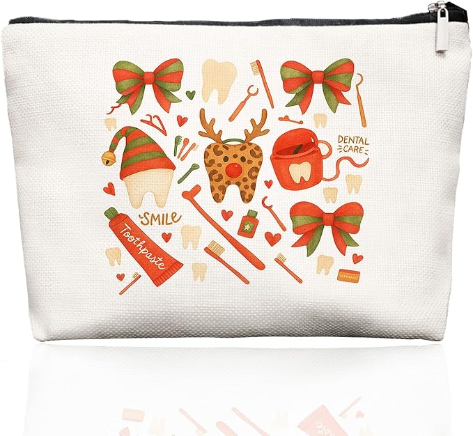 Chirismas Cheetah Smile Dental Care Makeup Bag, Cute Tooth & Bow Cosmetic Pouch for Dental Assistant Hygienist Dentist Gift for Women