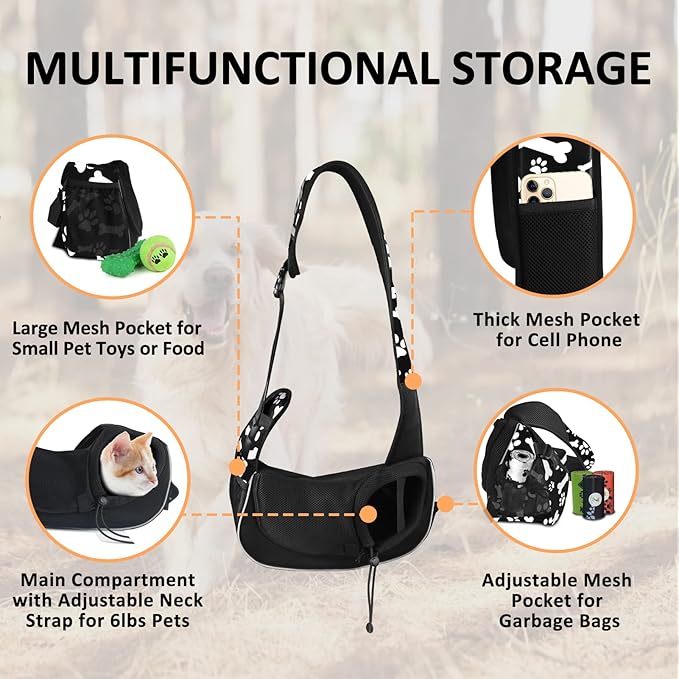 Dog Sling Puppy Carrier Travel Cat Carrier Dog Carrying Bag Pet Carrier for Small Dogs Below 5 lbs Dog Accessories & Cat Supplies Hands Free & & More Pockets & Reflective Design Cute Black