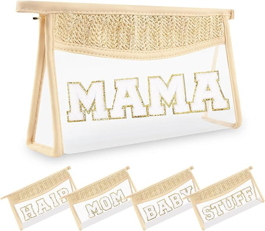Small Boho Straw Clear Mama Makeup Bags for Women&Girls, Zipper Cosmetic Bag Chenille Varsity Letter Patch Bag, Preppy Cute Toiletry Pouch, Trendy Organizer Storage Bag for Beach Travel Essentials