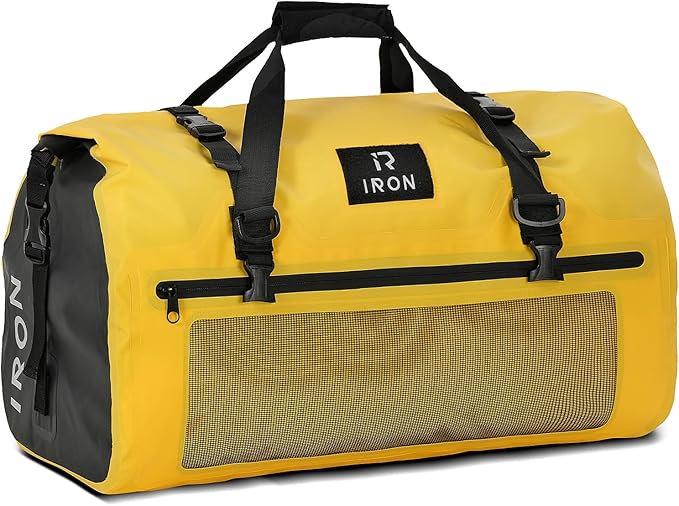 BORLENI Waterproof Motorcycle Dry Duffel Bag Luggage Tail Bag with Large Storage Space,Roll Top Closure, Shoulder Straps, Inner Pocket and Mesh Pocket for Motorcycling Travel Camping(Yellow,70L)