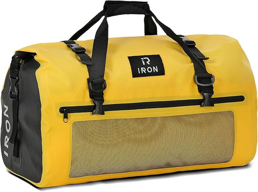 BORLENI Waterproof Motorcycle Dry Duffel Bag Luggage Tail Bag with Large Storage Space,Roll Top Closure, Shoulder Straps, Inner Pocket and Mesh Pocket for Motorcycling Travel Camping(Yellow,70L)