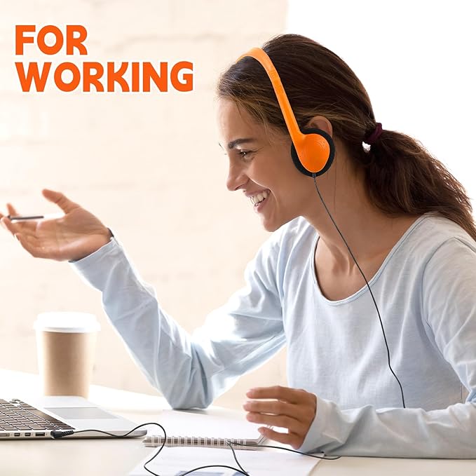 Konohan 30 Pack Headphones Bulk Headphone for School Classroom Student Wired Headphones Adjustable with 3.5 mm Jack for Adults (Orange)