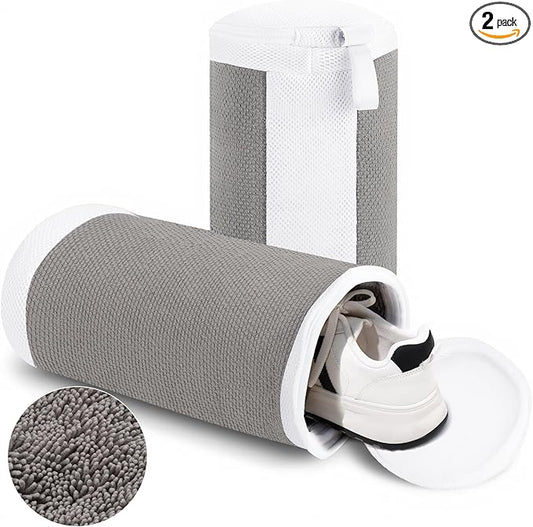 Shoe Washing Machine Bags, 2 PCS Reusable Grey+White Chenille Laundry Bags for Washing Machine, 360 Wrap-Around Clean Shoe Laundry Bags with Hidden Zipper
