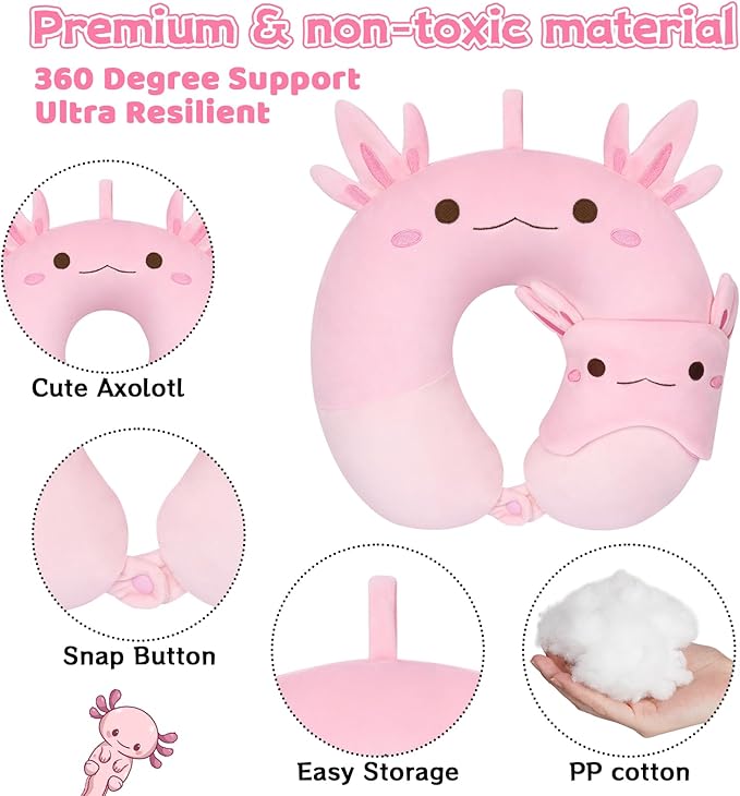Kids Travel Pillow, Kid Neck Pillows with Eye Mask Cute Axolotl U Shaped Neck Pillow, Neck Support Travel Pillow for Road Trip, Airplane, Travel Pillow for Kids & Adults