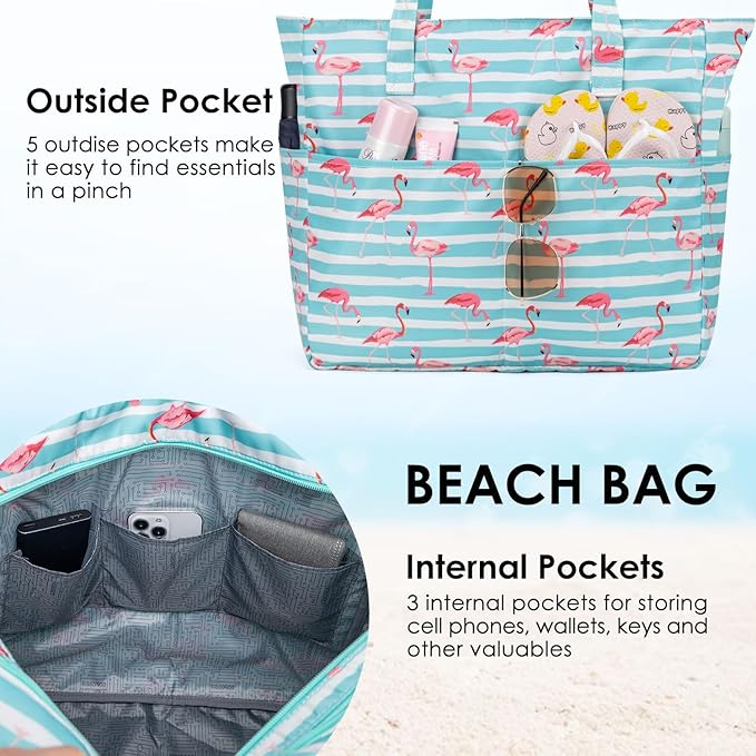 KABAQOO Extra Large Beach Bag Waterproof Sandproof Women Beach Tote with Zipper & Wet Compartment for Pool Gym Grocery Travel