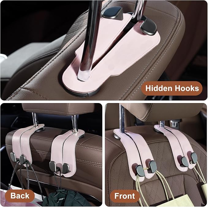 CoBak Purse Hook for Car - Universal Premium Stitched Leather and Aluminum-Magnesium Alloy Double Car Seat Back Storage Hook for Purses, Handbags, Bags (2 Pack),Pink