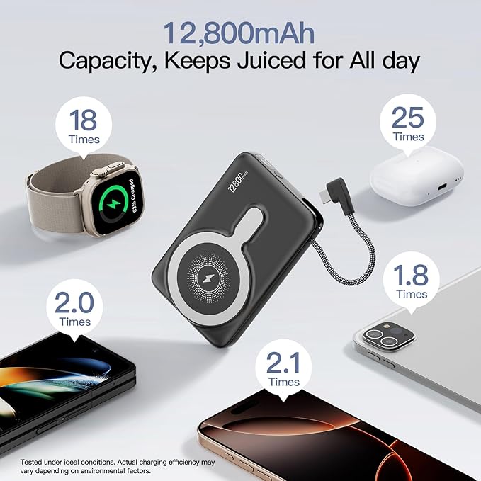 2025 Updated M3 Ultra Slim 0.4'' Wireless Power Bank, 12800mAh Magnetic Portable Charger with Built in Cable and Strap, LED Battery Pack Travel Essentials for iPhone 16/15/14/13/12/Pro/Pro Max Andriod